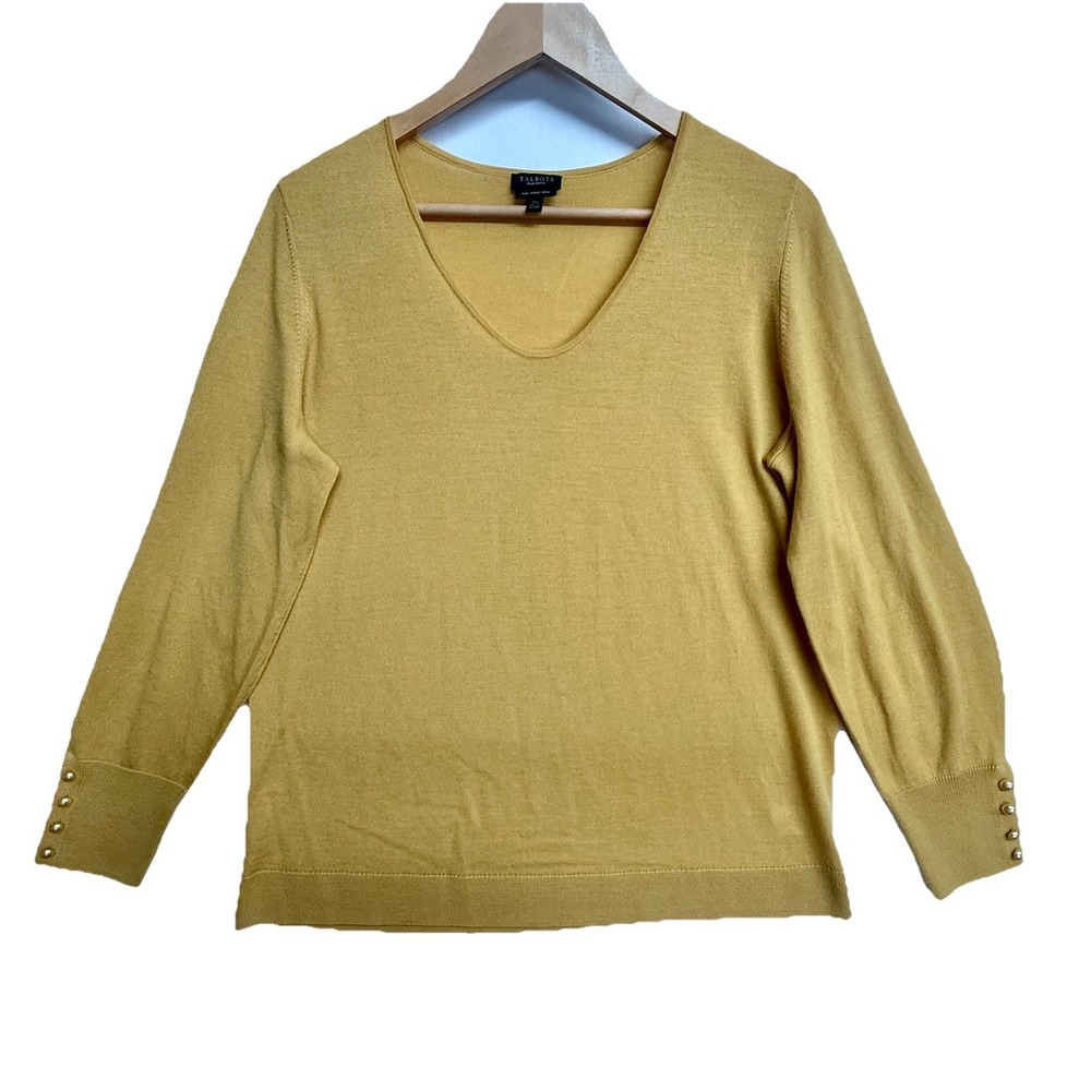 Talbots 100% Merino Wool Sweater Womens 1XP  Plus Petite Mustard‎ V Neck Button